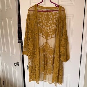 Umgee Mustard Yellow Embroidered Sheer Kimono Cover-Up